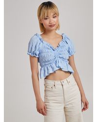 Pink Vanilla - Ruched Puff Sleeve Frill Trim Top - Lyst