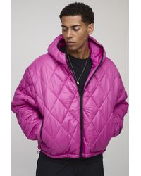 BoohooMAN - Oversized Boxy High Sheen Diamond Quilted Hooded Funnel Puffer Jacket - Lyst
