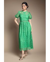 Oasis - Lace Puff Sleeve Fit And Flare Midi Dress - Lyst