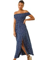 Roman - Spot Print Bardot Shirred Maxi Dress - Lyst