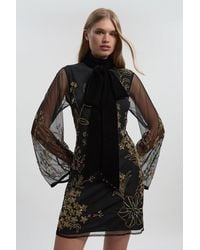 Karen Millen - Floral Applique Embellished Organdie Woven Mini Dress - Lyst