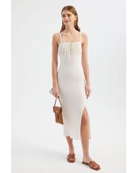 Hiccup - Smocked Square Neck Spaghetti Strap Tie Front Midi Dress With A Side Slit - Lyst