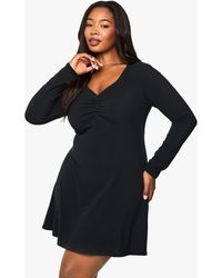 Boohoo - Plus Rib Rouched Detail Mini Skater Dress - Lyst