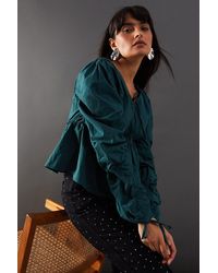 Warehouse - Cotton Tie Front Volume Sleeve Blouse - Lyst