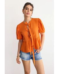 Hiccup - Tie-Up Neck Blouse With Puff Sleeves - Lyst