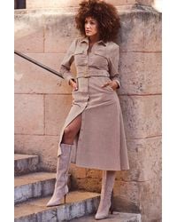Sosandar - Taupe Corduroy Belted Midi Shirt Dress With Pocket Detail - Lyst