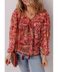 Azura Exchange - Elegante Geprinte Blouse Met Lange Mouwen En Strikdetail - Lyst