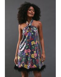 Warehouse - Floral Print Sequin Halter Feather Hem Mini Dress - Lyst