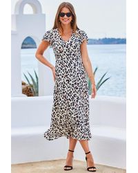 Sosandar - Leopard Print Angel Sleeve Fit & Flare Midi Dress - Lyst
