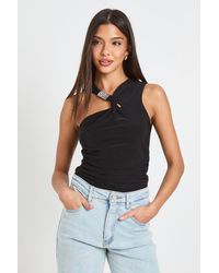 Boohoo - Ruched Waist Slinky Top With Twist Neck Tim - Lyst