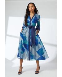 PRINCIPLES - Belted Contrast Detail Collarless Shirt Dress - Lyst