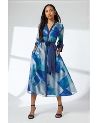 PRINCIPLES - Belted Contrast Detail Collarless Shirt Dress - Lyst