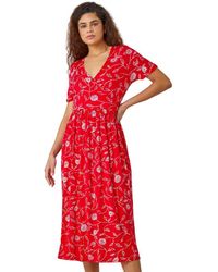 Roman - Floral Print Stretch Wrap Midi Dress - Lyst