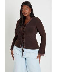 Boohoo - Plus Lace Trim Tie Front Long Sleeve Top - Lyst
