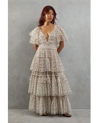 Warehouse - Tulle Spot Plunge Neck Flutter Sleeve Tier Maxi Dress - Lyst