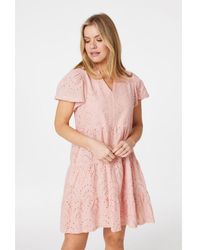 Izabel London - Pink Broderie Anglaise Short Dress Cotton - Lyst