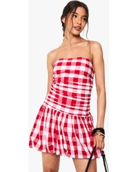 Boohoo - Gingham Puffball Bandeau Mini Dress - Lyst