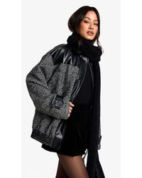 Boohoo - Tall Oversized Contrast Pu Trim Herringbone Bomber Jacket - Lyst