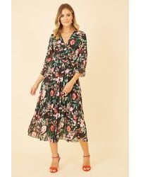 Yumi' - Floral Print Midi Wrap Dress With Pleated Skirt - Lyst