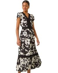 Roman - Floral Print Lace Trim Midi Dress - Lyst