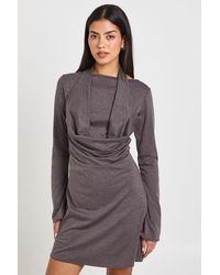 Boohoo - Marl Halterneck Cowl Long Sleeve Mini Dress - Lyst