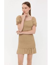 Hiccup - Ribbed Ruffled Square Neck Mini Dress With Balloon Sleeves - Lyst