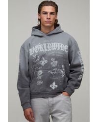 BoohooMAN - Oversized Boxy Gothic Doodle Print Spray Wash Hoodie Cotton - Lyst