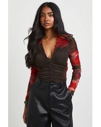 Boohoo - Floral Printed Mesh Ruched Neckline Long Sleeve Bodysuit - Lyst