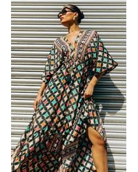 Roman - Geo Print V-Neck Frill Maxi Dress - Lyst