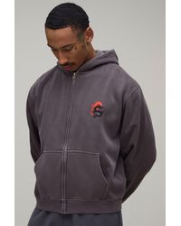 BoohooMAN - Oversized Boxy Dragon Washed Zip Through Hoodie - Lyst