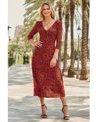 Sosandar - Print Ruched Detail Midi Dress - Lyst