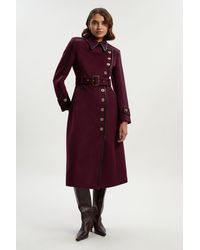 Karen Millen - Brushed Wool Pu Mix Trim Belted Midi Coat - Lyst