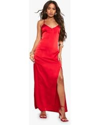 Boohoo - Satin Plunge Front Split Leg Maxi Dress - Lyst