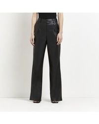 River Island - Wide Leg Pleated Trousers Black Faux Leather - Lyst