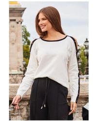 Sosandar - Ivory Eyelet Detail Contrast Sleeve Fine Knit Jumper - Lyst