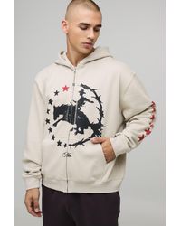 BoohooMAN - Stone Oversized Boxy Western Print Zip Through Hoodie - Lyst