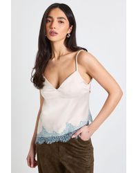 Boohoo - Satin Tie Back Contrast Lace Cami Top - Lyst