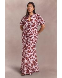 Boohoo - Plus Floral Printed Puff Sleeve Keyhole Detail Ruched Waist Maxi Dress - Lyst