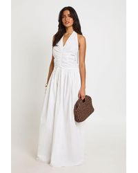 Boohoo - Cotton Poplin Halter Neck Front Gathered Seam Skater Maxi Dress - Lyst