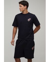 BoohooMAN - Regular Fit Rose Embroidered T-Shirt & Fit Short Set - Lyst