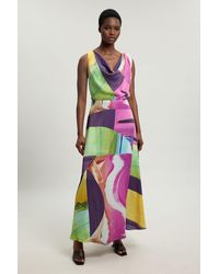 Karen Millen - Petite Abstract Twist Shoulder Satin Viscose Midi Dress - Lyst