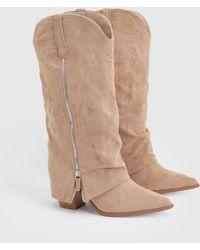 Boohoo - Fold Over Zip Detail Knee High Western Boots - Lyst