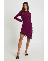 Boohoo - Slinky Boat Neck Lace Hem Midi Dress - Lyst