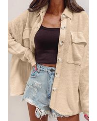 Azura Exchange - Aprikosenfarbene Einfarbige Corduroy-Button-Up Langarmjacke - Lyst