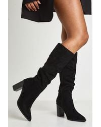 Boohoo - Faux Suede Ruched Slouchy Mid Block Heel Knee High Boots - Lyst
