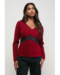 Oasis - Contrast Lace V Neck Knitted Top - Lyst