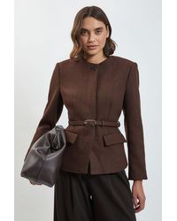 Karen Millen - Wool Blend Belted Collarless Tailored Coat - Lyst
