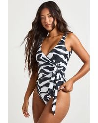 Boohoo - Tummy Control Wrap Detail Zebra Print Swimsuit - Lyst