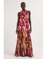 Karen Millen - Viscose Satin Border Print Halter Neck Woven Maxi Dress - Lyst