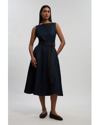 Karen Millen - Denim Belted Full Skirt Tailored Dress - Lyst